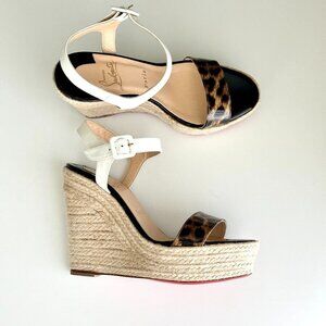 CHRISTIAN LOUBOUTIN Leopard Patent Leather Ankle Strap Espadrille Wedges Size 38